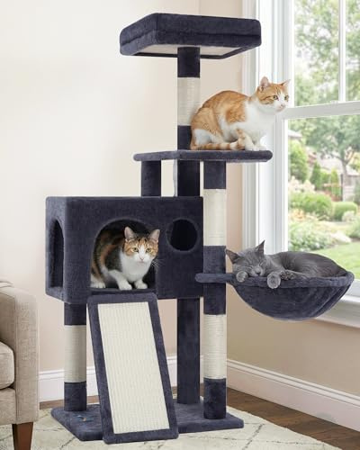 Gitelsnour Cat Tree, 107cm Cat Tower, Indoor Cat Tree Tower Condo for Small Cats Kittens with Scratching Board and Posts, Hammock, Cat Condo, Smoky Gray GCT005SG