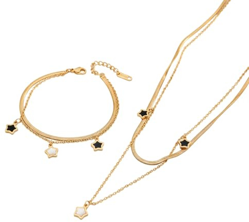 meberg Karma NH10043088 Halskette & Armband Sterne Schmuckset Gold 2er Set Edelstahl vergoldet Damenarmband und Kette Armschmuck Urlaub Abendmode Accessoires wasserfest hypoallergen