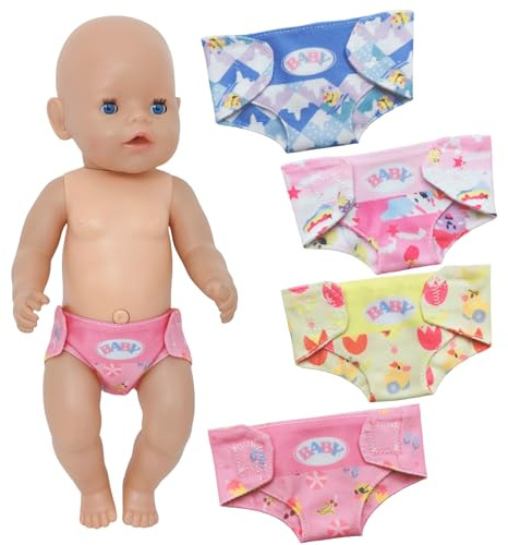 4 Puppenwindeln für Baby Puppen 14-18 Zoll, Süßes Baby Puppe Windeln Zubehör für Puppen 30-43 cm, 4 Einstellbare Verschiedene Muster und Stile Puppenzubehör, Geschenke für Kinder