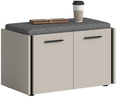 xonox.home – Sitzbank Emil 75x42x40 cm in Kaschmir Melamin und schwarzen Akzenten – Schuhbank mit viel Stauraum und zusätzlichem Sitzplatz inkl. Sitzkissen im modernen Flur – elegant & bequem