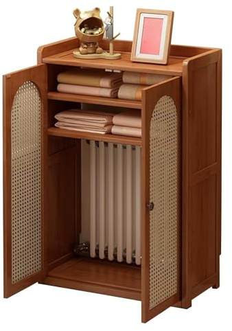 Bamboo Radiator Cover with Rattan Doors, Removable Double Layer Shelves, Storage Cabinet for Home and Office, Elegant Radiator Shelf Solution