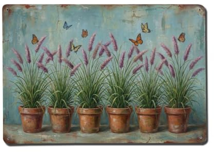 Vintage Rustic Flower Potted Plants Fountain Grass Metal Tin Sign