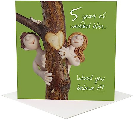 Holy Mackerel wood you believe it 5th wedding anniversary card for a couple - designed by artist Erica Sturla - 15cm square and blank inside for your message - made in the UK