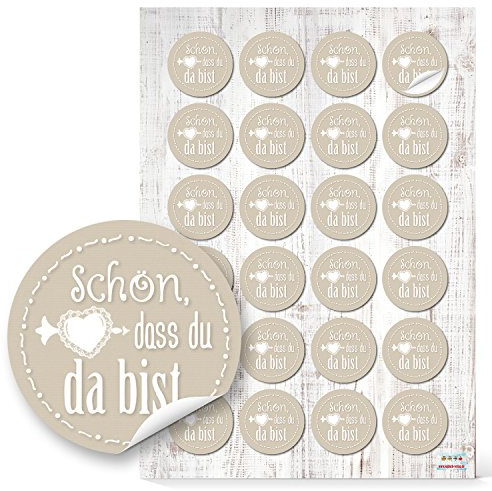 Logbuch-Verlag 24 Schön dass du da bist Aufkleber beige cremefarben 4 cm Hochzeit Geburtstag Tischdeko Gastgeschenk Verzierung