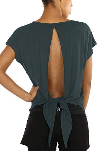 icyzone Damen Rückenfrei Yoga Top Fitness Sport Kurzarm Shirt Oberteil Casual T-Shirt Loose Fit (XL, Sea Pine)