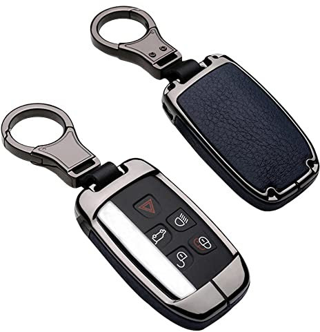 ontto Smart Autoschlüssel Hülle Abdeckung Schlüssel Tasche für Defender Discovery Evoque LR4 Range Rover Sport Jaguar Metall Zink Legierung & Leder Schlüsselschutz Keyless Schlüsselbund -Black Blue