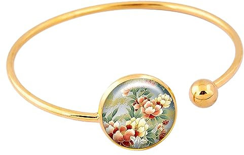 Bracelet jonc Fleurs du japon cabochon beige et rose asie or