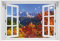 Wallario Glasbild 60 x 90 cm mit Fensterrahmen mit Fenster-Illusion: Herbst im Gebirgstal unter blauem Himmel - Wandbild mit freischwebender Optik