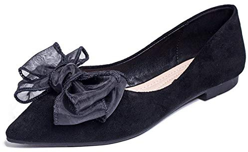 SAILING LU Bowknot Ballet Flats Womens Pointy Toe Flat Shoes Women's Flats Suede Dress Shoes Wear to Work Slip On Moccasins, C-black-8164, 4.5 UK
