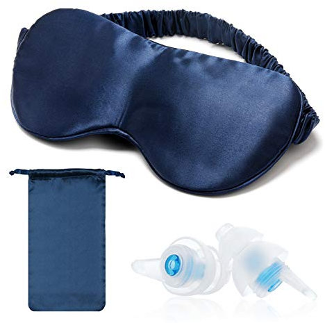 Hearprotek Seide Schlafmaske, 100% Mulberry 22 Momme Seide Augenmaske für schlafende Frauen/Männer, weiche & komfortable Schlafmaske mit Ohrstöpsel und eine Satin Reisetasche Dunkelblau