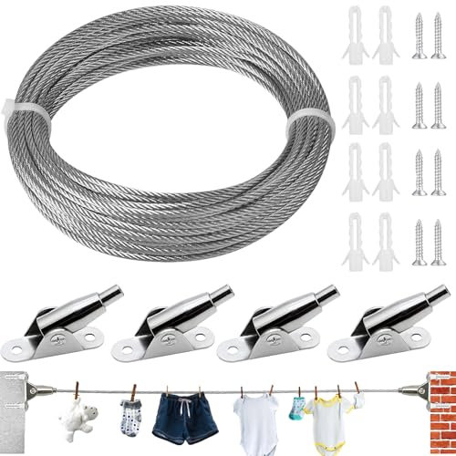 Brateuanoii 10 Meter Edelstahl Draht Seil Ummantelt, Edelstahl Drahtseil Seilspannset， Mit 4 Eck-Halter, Vorhang Seilspanngarnitur Gardinen, Stahlseil, Drahtseil, Edelstahlkabel, Für Licht Bildern