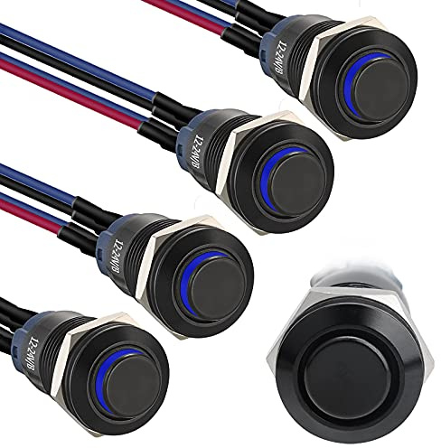 Starelo Lot de 5 interrupteurs à bouton-poussoir LED de 12 mm, coque noire, étanche IP65, interrupteur à bouton-poussoir 1 NO 1, autobloquant avec LED (bleu).