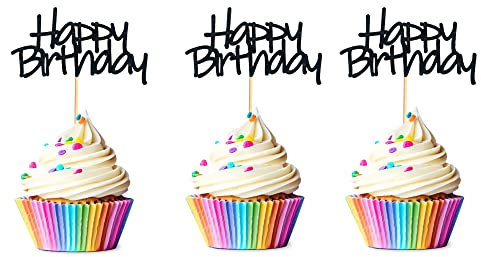 Arthsdite 24pcs Happy Birthday Cupcake Toppers Pre-Assembled Black Glitter Cake Food Fruit Picks for Celebrating Birthday Party Decoration Supplies