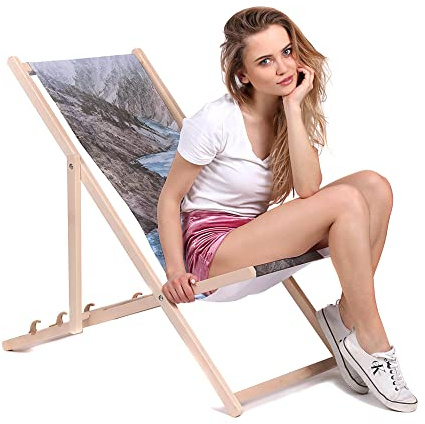 DreamRoots Liegestuhl klappbar Buchenholz, Canyon | Klappliegestuhl Holz, Buchenholz, bis 130 kg, 3-fach verstellbar, waschbarer Polyesterbezug, für Garten & Terrasse
