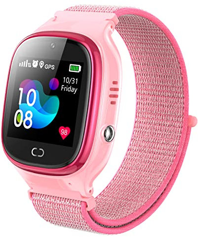 PTHTECHUS Kinder GPS LBS Intelligente Uhr, Smartwatch Telefon mit GPS Tracker SOS Spiel Kamera Voice Chat Wecker Sportuhr für Jungen Mädchen Weihnachten Geschenk (S27-Pink-GPS-1DEU)