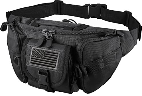 FRTKK Taktische Bauchtasche Militär-Hüfttasche mit USA-Flagge Patch Utility Hip Pack mit verstellbarem Riemen für Outdoor, Angeln, Radfahren, Camping, Wandern, schwarz, Bauchtasche
