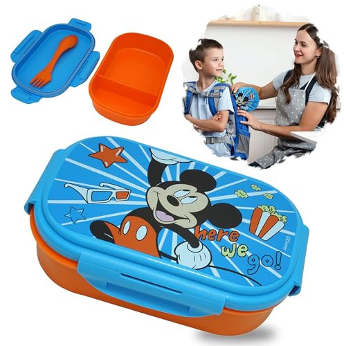 Kinder Lunchbox mit Besteck, Mickey Mouse Lunchbox aus BPA-freiem Kunststoff, spülmaschinenfeste Sandwichbox für Kinder, Reise zurück in die Schule, Größe 20cm