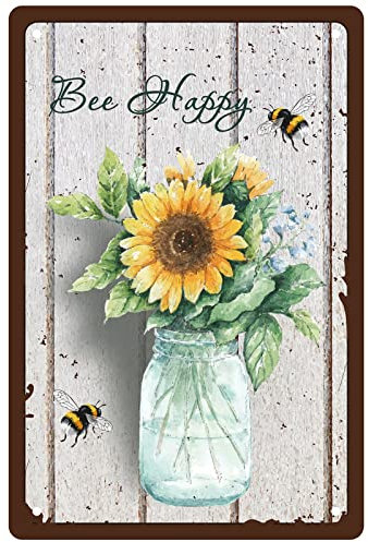 CREATCABIN Bee Happy Metallblechschild Sonnenblume Blechschild Blumenvase Metall Wanddekoration Eisenmalerei Retro Plakette Poster Für Zuhause Schlafzimmer Wohnzimmer Garten Hof Indoor 12 x 8(5) cm