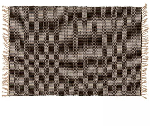 Oviala Teppich mit Fransen aus Jute, Natur, handgewebt, Schwarz, 80 x 200 cm