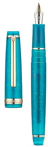 Jinhao 82 Acrylic Fountain Pen, Iridium Medium Nib with Ink Converter, Transparent Peacock Blue Fluorescent Classic Design Smooth Writing Pen (Gold Trim)