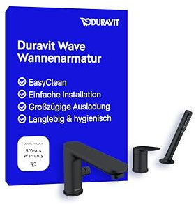Duravit Wave 3-Loch Wannenarmatur, Einhebel-Wannenmischer mit Keramikmischsystem, Badewannenarmatur, Schwarz Matt