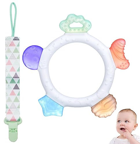 SUGERU® Anneau Dentition Bebe avec Attache Tetine - silicone 100% de qualité alimentaire & Sans BPA,grignoteuse bébé,anneau dentition bebe refrigerant,jouet eveil bebe 0/3/6 mois,1an,cadeau bebe