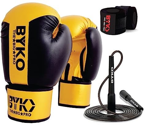 BYKO Boxing Gloves with Hand Wraps and Jumping Rope – Pro Training Sparring Gloves for Men, Women & Adult - Muay Thai MMA Kick Boxing, Fighting & Training Gloves – Black & Golden, 12oz
