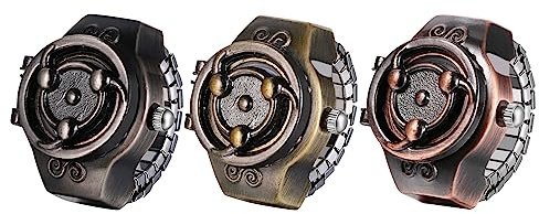 JewelryWe Ringuhr Fingeruhr Herren Uhren - 3pcs Rot/Bronze/Schwarz Vintage Analog Quarz Elastisch Edelstahl Ring Uhr Männer Fingerringuhr Uhrenring für Halloween Vatertag