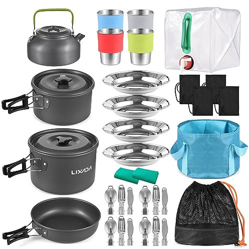 Lixada Tragbar Camping Kochgeschirr Topf Kocher Set, Camping Kochgeschirr Geschirr Kit 2-3 Personen mit Faltender Löffel Gabel Cutter Cup, Camping Kochgeschirr Se Zum Wandern Outdoor BBQ Picknick