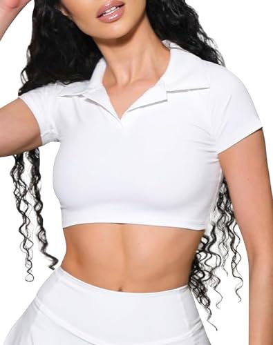 DaiLiWei Cropped Polo Shirts für Frauen Golf Kragen Crop Tops Kurzarm Workout Tennis T-Shirt V-Ausschnitt Sport Active Tees Outfit, Weiss/opulenter Garten, Klein
