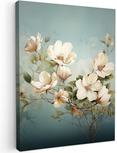 MuchoWow© Impression sur Toile Decoration Murale Peinture 60x80 cm Tableaux Decoratifs Muraux Déco Chambre Tableau Salon Vintage - Fleurs - Blanc - Branches Nature