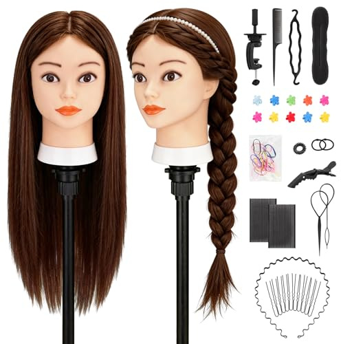 Yofuly 26 Zoll Trainingsköpfe, 80% Echthaar Kosmetik Schaufensterpuppenkopf mit Tischklemme & DIY-Haarzopf-Set (Hellbraun)
