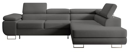 Selsey STEVIL - Ecksofa L-Sofa mit Schlaffunktion, Bettkasten, Ottomane rechts, Veloursbezug Dunkelgrau