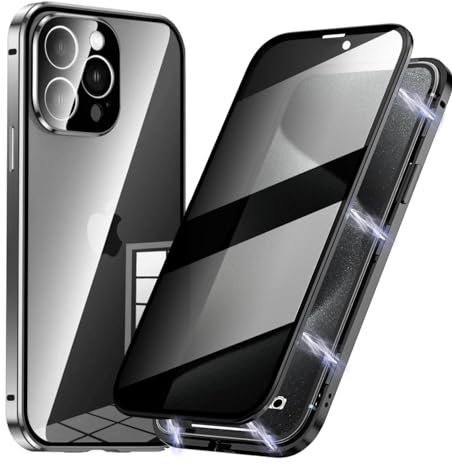 Astter Privacy Case for iPhone 15 Pro Magnetic Phone Case,Anti Spy screen Protector+Lens Protector 360 Degree Magnetic Adsorption Metal Bumper for iPhone 15 Pro Anti-Peeping Cover-Black