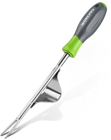 WORKPRO Weed Puller Tool, Metal Leverage Base and V-Shaped Forks for Easy Weed Removal & Deeper Root Digging, Heavy Duty Stainless Steel with Soft Handle, Manual Hand Weeder for Gardening
