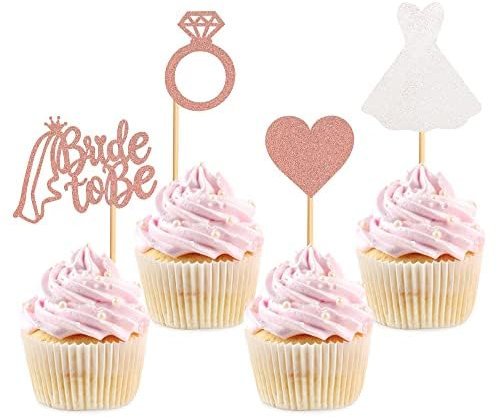 Blumomon 24 Stück Glitter Braut um Cupcake Toppers Diamant Herz Kleid Kuchen Toppers Brautdusche Bachelorette Party Supplies Verlobungsdekorationen