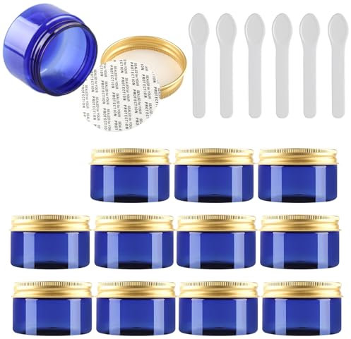 PQPAUTY 12 Pièces Vides Petit 150 ml Bleu Cosmétique Pot en Plastique avec Couvercle Or 150 g Pots de Cosmétique Crème de Bouteille Contenant avec 6x Spatules