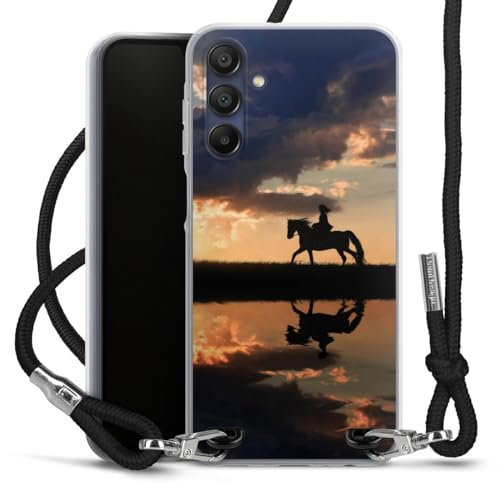 Carry Case kompatibel mit Samsung Galaxy A15 Hülle mit Band Handykette zum Umhängen schwarz Pferd Sonnenuntergang Reiten