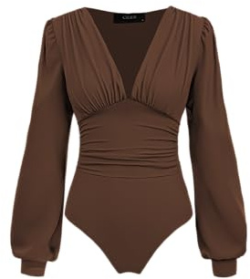 CIDER Long Sleeve Body Suits Womens V Neck Bodysuits Ruched Pleated Corset Bodysuit Leotard Trendy