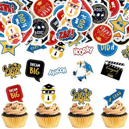 Blumomon 72 Stück Essbare Gratulation Grad Cupcake Topper 2025 Abschlusssaison Dekoration Essbare Abschlussfeier Tortendekoration Happy Graduation Party Dekorationen