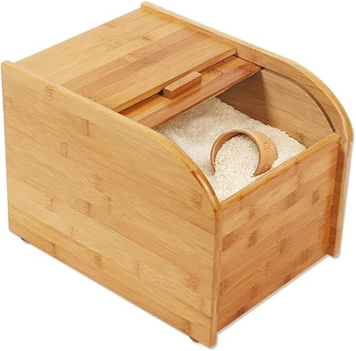FDSGEEE Wooden Bamboo Rice Storage Container with Sliding Lid and Measuring Cup Rice Dispenser Dry Storage Cereal Rice Container Box with Lid for for Dry Food in Home and Kitchen(Size:15kg)