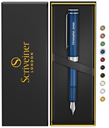Scriveiner Personalised Luxury EDC Fountain Pen (Medium), Stunning Matt Blue Pocket Pen, Chrome Finish, Schmidt German Nib, Best Engraved Fountain Pen Gift Set for Men & Women, Name Engraving