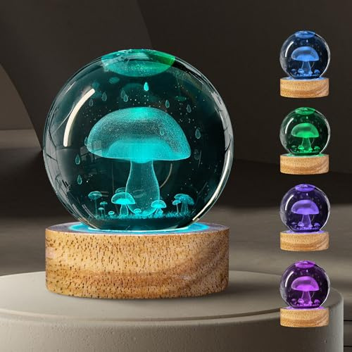 DCORIUNTG 3D Crystal Ball Night Light with 16 Colours, 60mm Glass Ball Lamp with Remote Control, Unique Mushroom Room Table Decoration, Birthday Christmas Gifts for Kids, Teens, Women