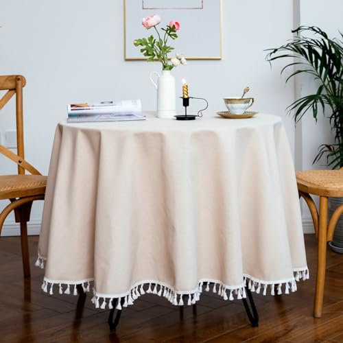 ANAZOZ Abwaschbare Tischdecke Rund 220cm, Tischwäsche Leinen Tischdecke für Landhaus Einfarbig Beige mit Fransen
