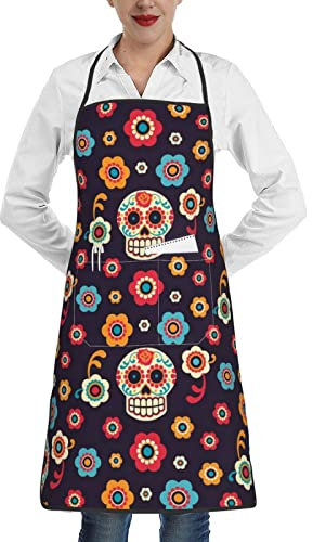 ATOurDealss Delantales de flamencos de dibujos animados, delantal de cocina unisex con bolsillos para el hogar, cocina, restaurante, barbacoa y horneado, Calaveras de azúcar, Talla única
