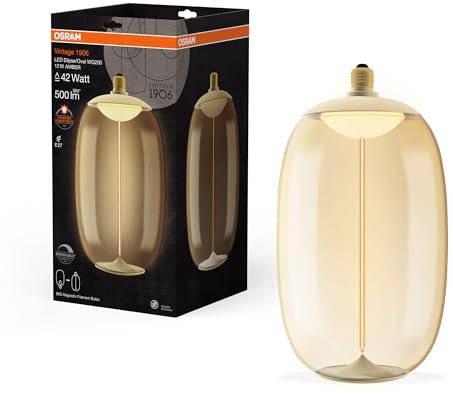 Osram Vintage 1906 Big Elipse Oval ist eine dimmbare LED-Lampe aus Kunststoff mit Filament in Ellipsenform. Sie bietet 12 W, 500 lm, E27 Fassung, Bernstein Design, 200 mm Durchmesser, CRI 80, 1800 K.
