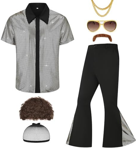 Ezuwail Herren 70er Jahre Disco Outfit Kostüm Kurzarmhemden Schlaghosen Perücken Halskette Schnurrbart Sonnenbrille 6Pcs