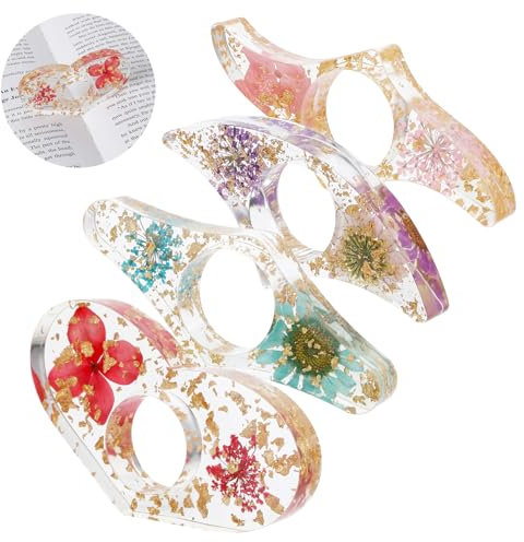 Giantree Lot de 4 porte-pages pour livres, anneau de pouce, support latéral, accessoires de lecture, fleurs séchées, en résine, cadeaux de Noël, porte-livres en résine, accessoires de lecture, pour