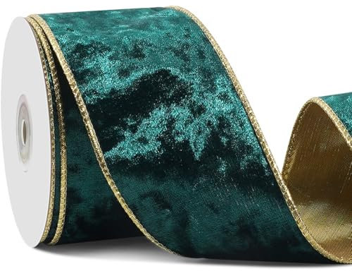 Grünes Samtband mit Draht für Weihnachtsbaum, 6,3 cm × 9,1 m breit, grünes und goldenes Drahtband für Geschenkverpackungen, Weihnachtsbaumschmuck, Topperschleife, Girlande, Heimdekoration