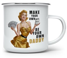 MAXIKIWI - Durable Enamel Coffee or Tea Camping Mug for Indoor Outdoor Use - Funny Pinup Girl Quotes Graphics - 350ml